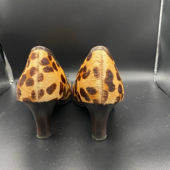 🍂🍁Nurture Women’s Sandee PeepToe Pump Brown Leopard Calf Hair Leather 8.5 - Picture 3 of 8